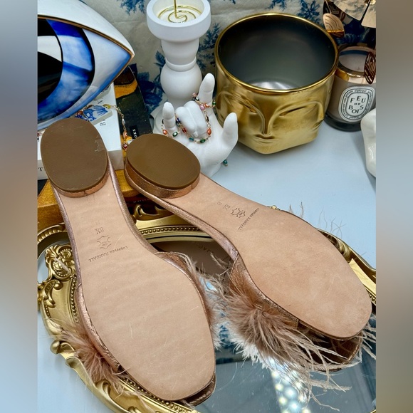 🆕 LOEFFLER RANDALL 🧿 NWOB Lilly Crinkle Metallic Slide Sandal With Feather Pom - Picture 12 of 16